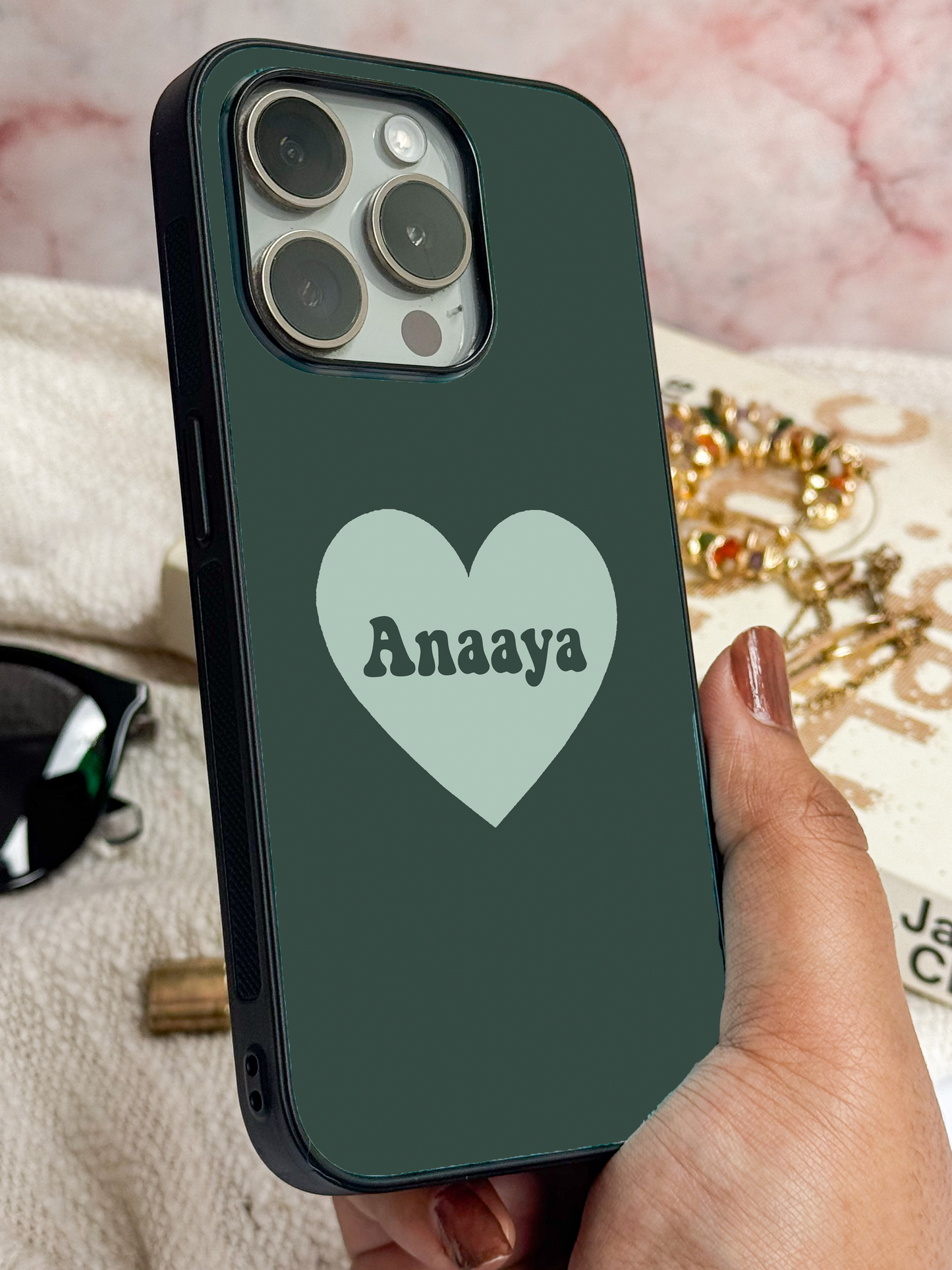 Mint Heart Personalised Name Premium Glass Back Cover For iPhone 11,12,13,14,15,16 Models