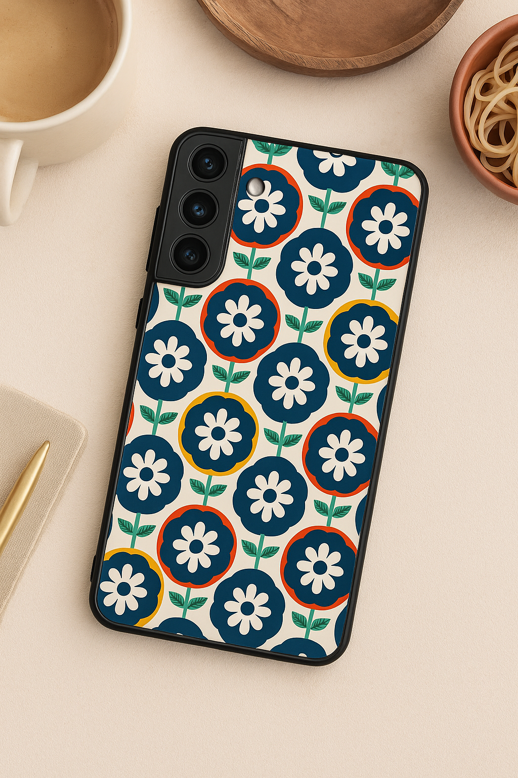 Daisy in circles Premium Glass Back Cover For Galaxy S22, S23, S24, S25 Models