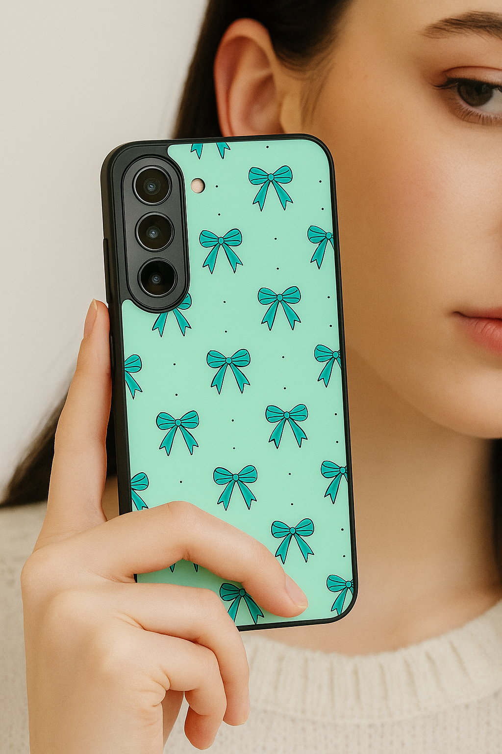 Aesthetic Green Bows Premium Glass Back Cover For Galaxy S22, S23, S24, S25 Models
