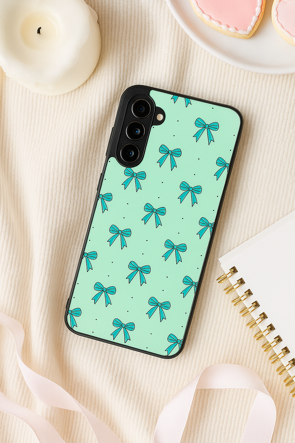 Aesthetic Green Bows Premium Glass Back Cover For Galaxy S22, S23, S24, S25 Models
