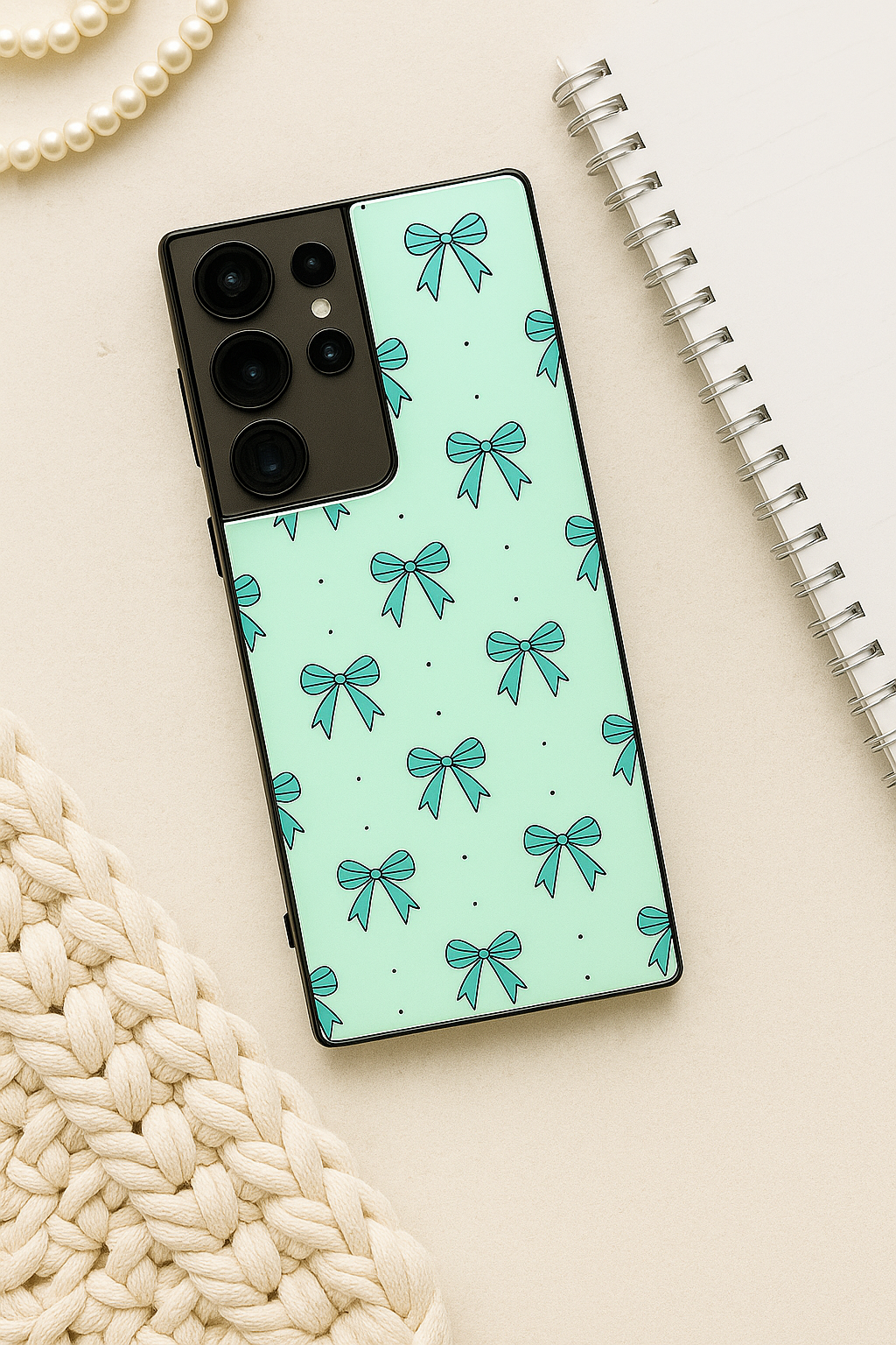 Aesthetic Green Bows Premium Glass Back Cover For Galaxy S22, S23, S24, S25 Models