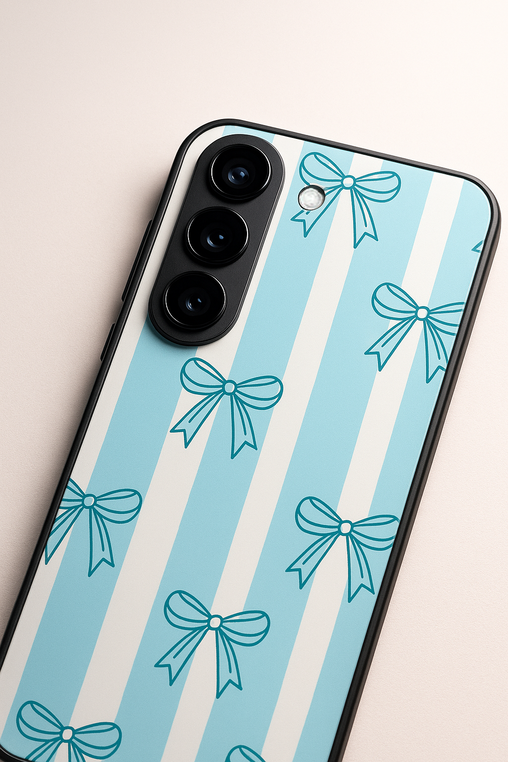 Stripy Blue Bows Premium Glass Back Cover For Galaxy S22, S23, S24, S25 Models