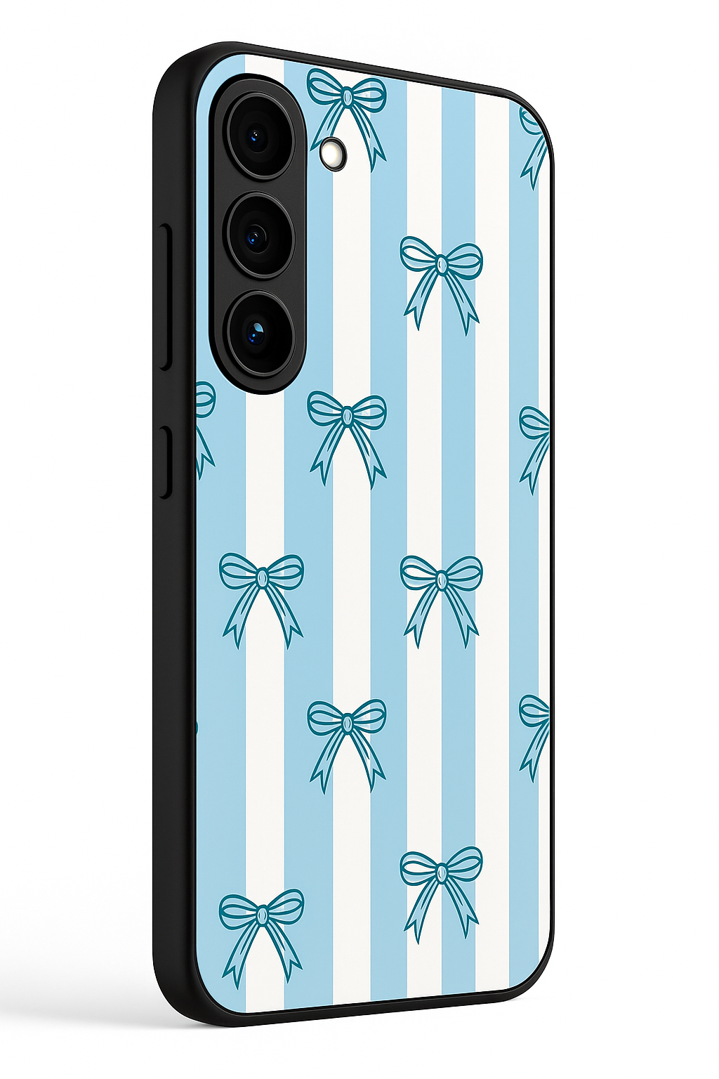 Stripy Blue Bows Premium Glass Back Cover For Galaxy S22, S23, S24, S25 Models