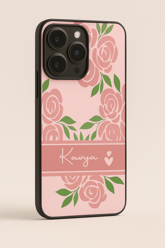 Rosette Bloom Personalised Name Premium Glass Back Cover For iPhone 11,12,13,14,15,16 Models