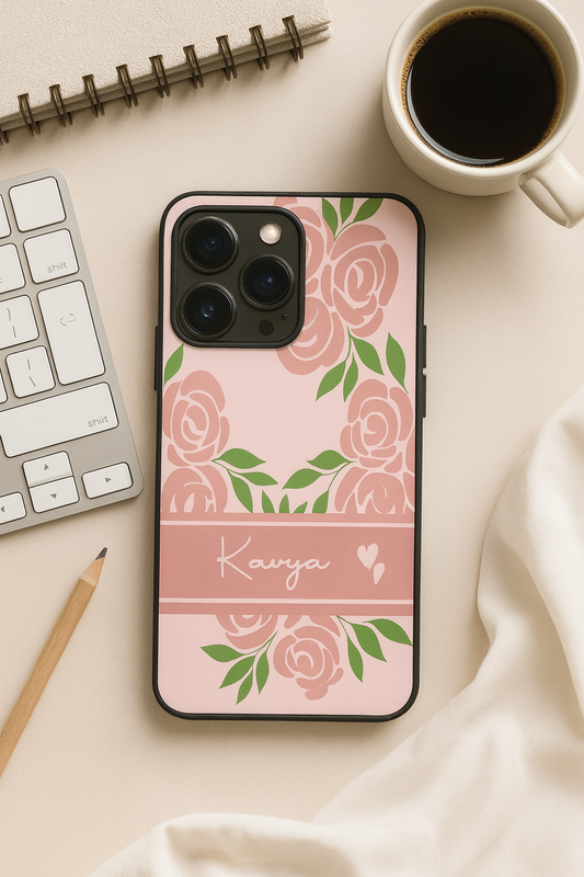 Rosette Bloom Personalised Name Premium Glass Back Cover For iPhone 11,12,13,14,15,16 Models