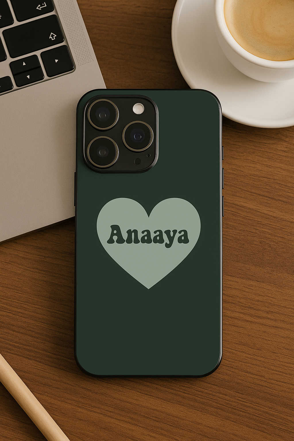 Mint Heart Personalised Name Premium Glass Back Cover For iPhone 11,12,13,14,15,16 Models