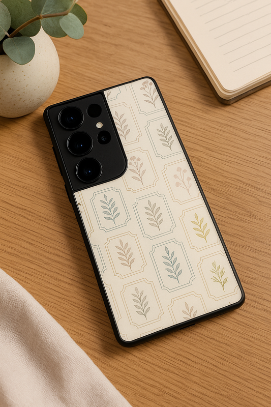 Floral Checks Pattern Premium Glass Back Cover For Galaxy S22, S23, S24, S25 Models