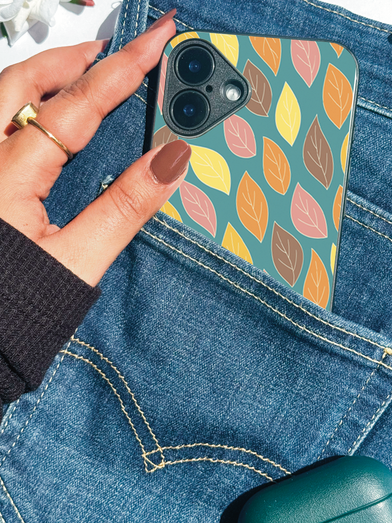 Leaf Pattern Premium Glass Back Cover For iPhone 11,12,13,14,15,16 Models