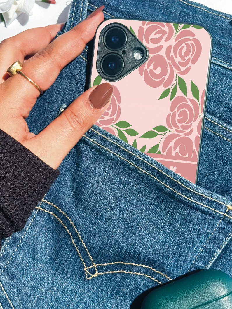 Rosette Bloom Personalised Name Premium Glass Back Cover For iPhone 11,12,13,14,15,16 Models