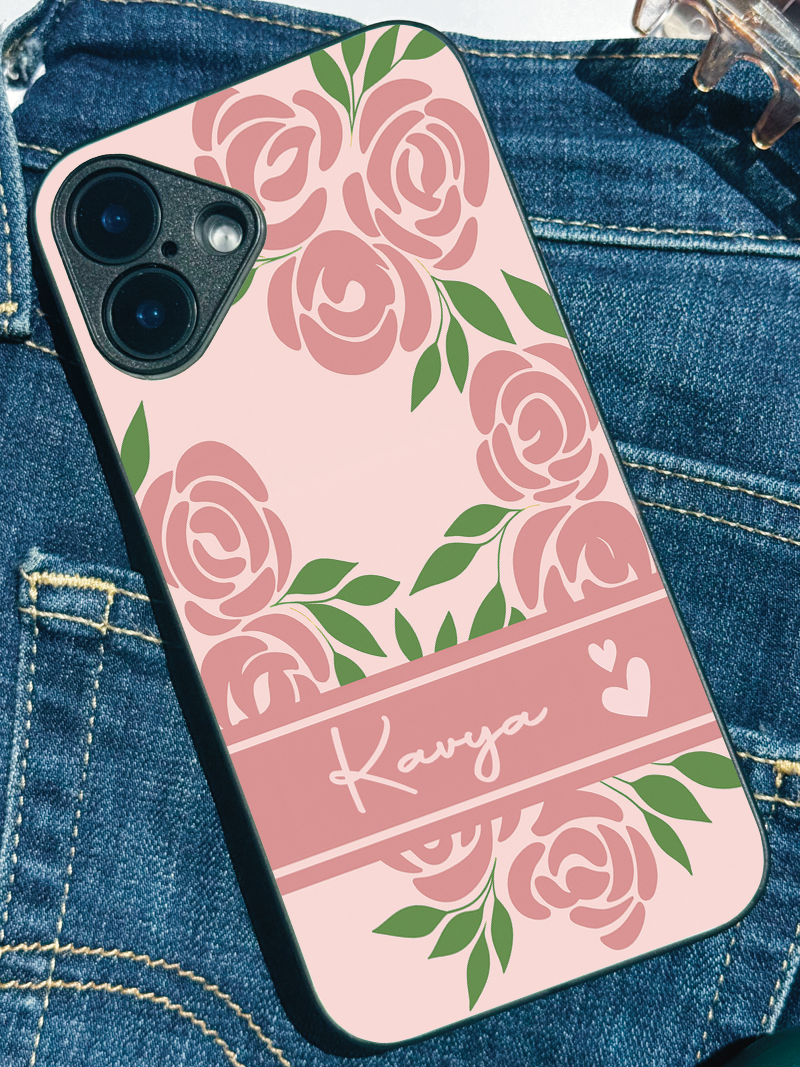 Rosette Bloom Personalised Name Premium Glass Back Cover For iPhone 11,12,13,14,15,16 Models