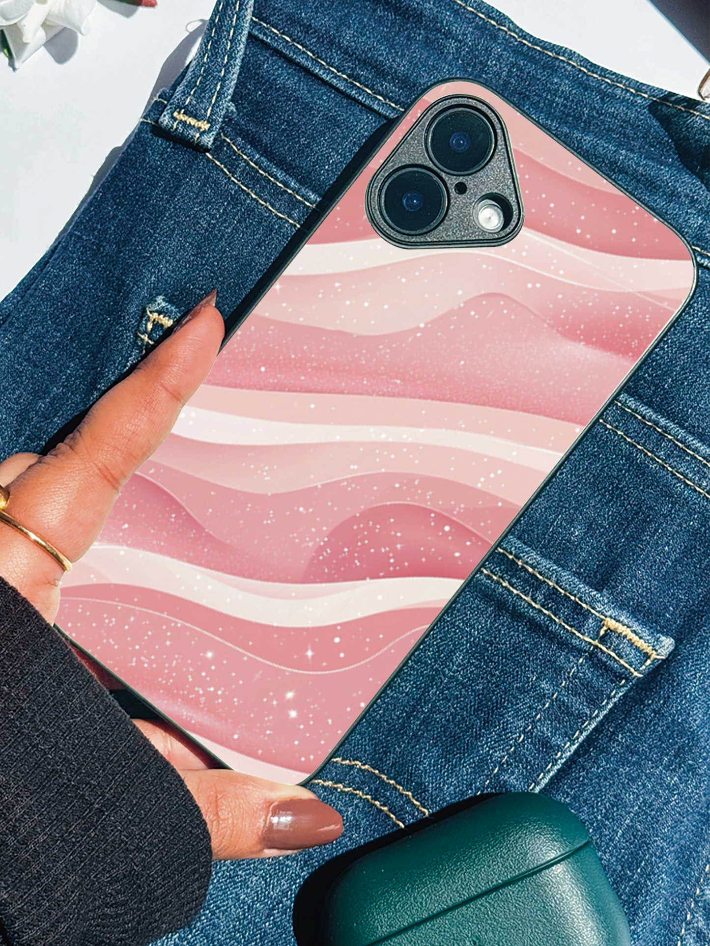 Rosé Waves Premium Glass Back Cover For iPhone 11,12,13,14,15,16 Models