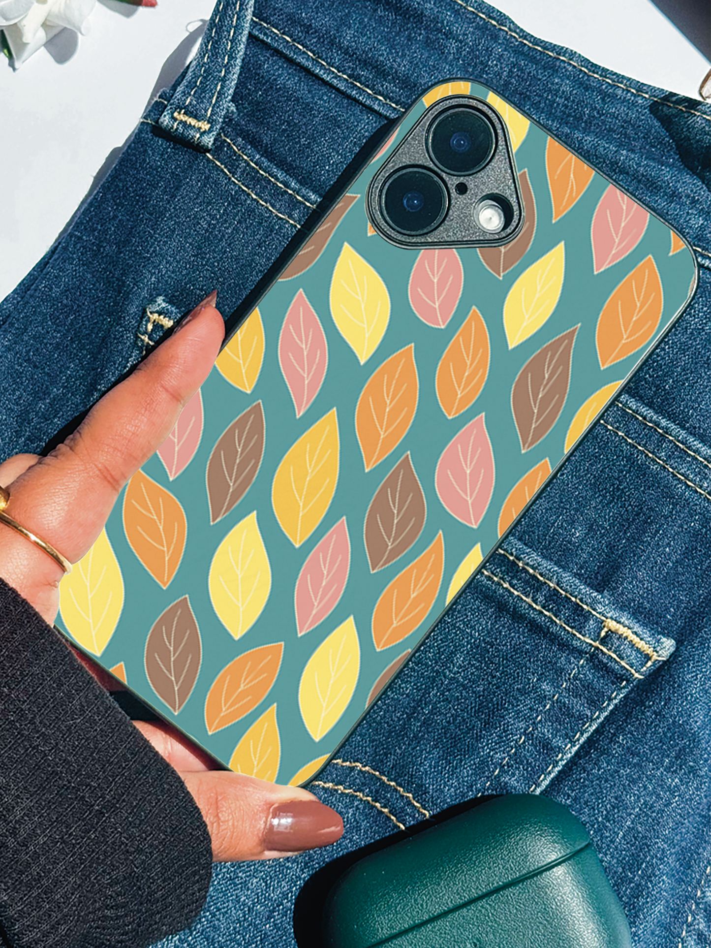 Leaf Pattern Premium Glass Back Cover For iPhone 11,12,13,14,15,16 Models