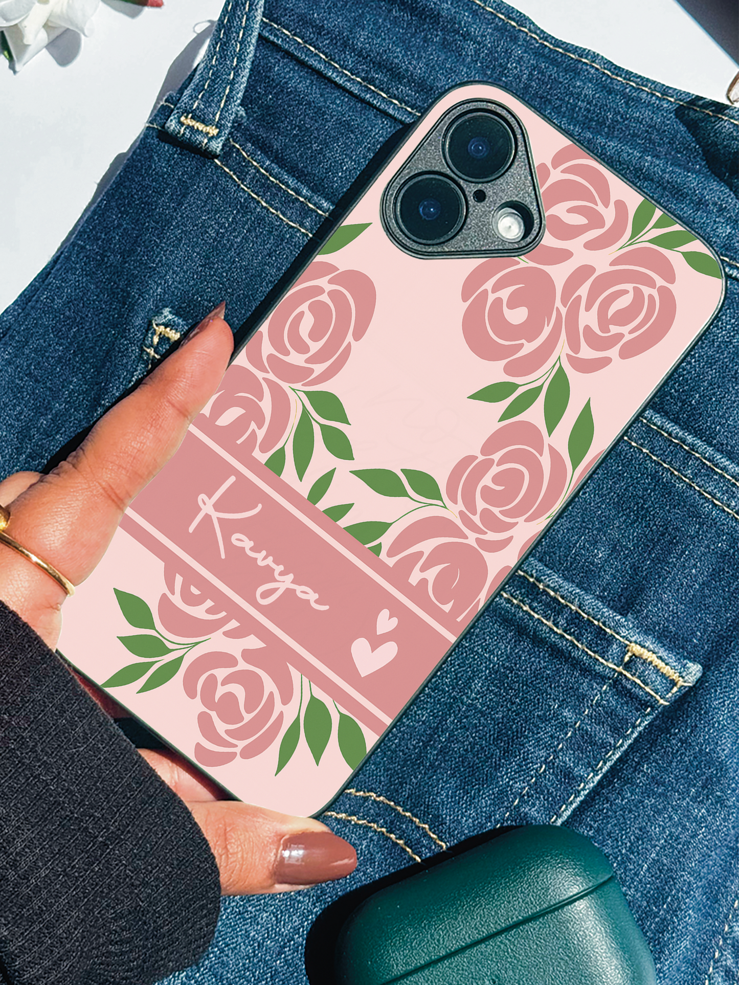 Rosette Bloom Personalised Name Premium Glass Back Cover For iPhone 11,12,13,14,15,16 Models