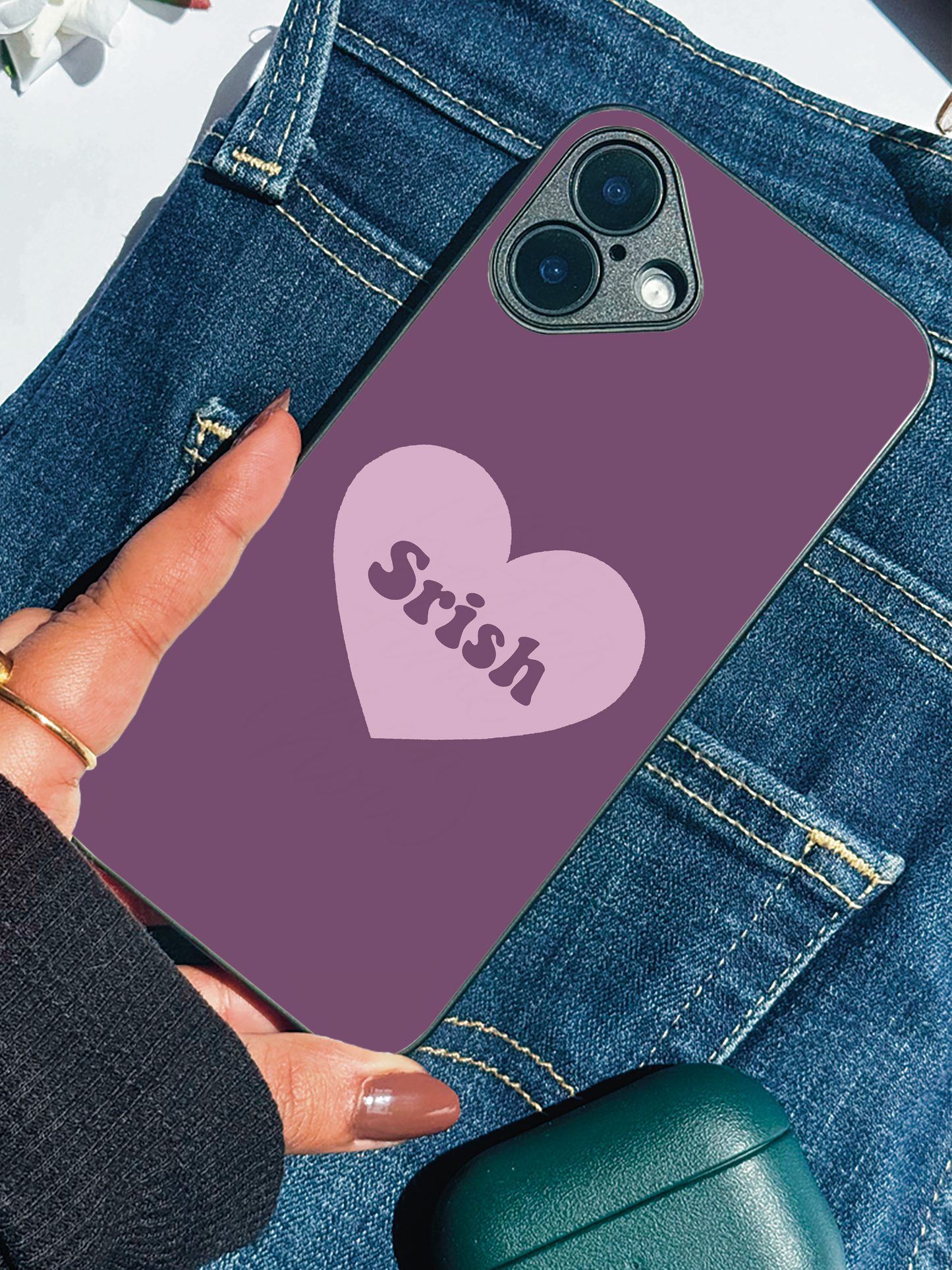 Mint Heart Personalised Name Premium Glass Back Cover For iPhone 11,12,13,14,15,16 Models