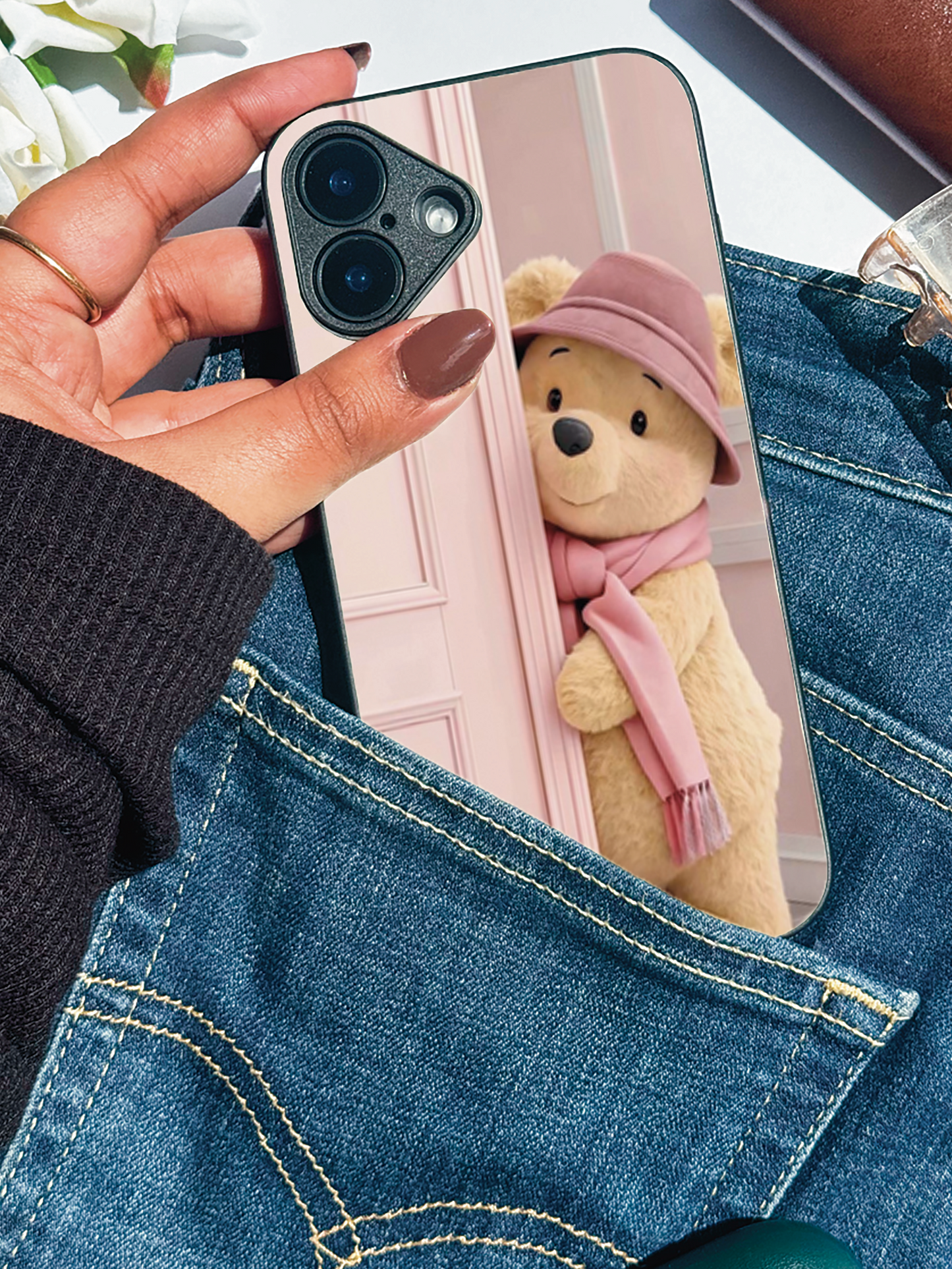 Cozy Teddy Premium Glass Back Cover For iPhone 11,12,13,14,15,16 Models