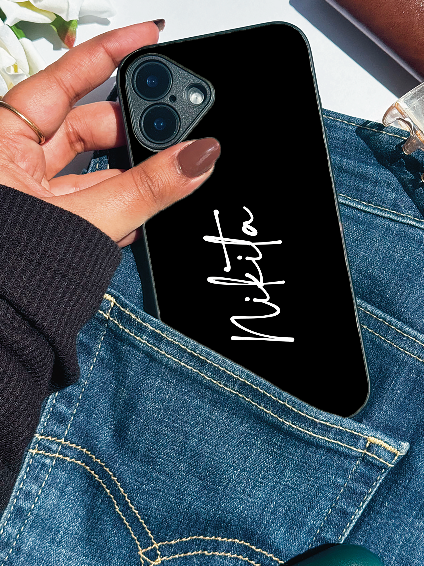 Noir Signature Personalised Name Premium Glass Back Cover For iPhone 11,12,13,14,15,16 Models