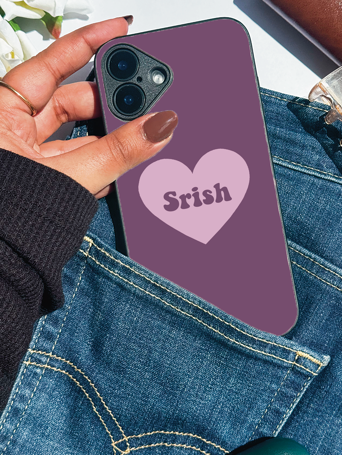 Mint Heart Personalised Name Premium Glass Back Cover For iPhone 11,12,13,14,15,16,17 Models