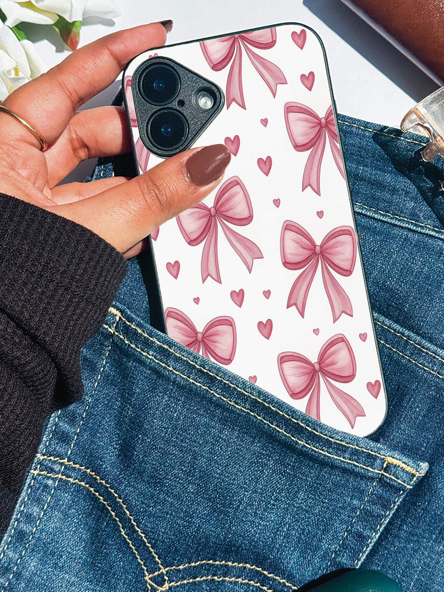 Bow Bliss Premium Glass Back Cover For iPhone 11,12,13,14,15,16 Models
