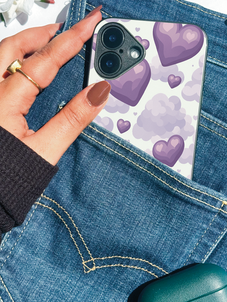 Purple Hearts Premium Glass Back Cover For iPhone 11,12,13,14,15,16 Models
