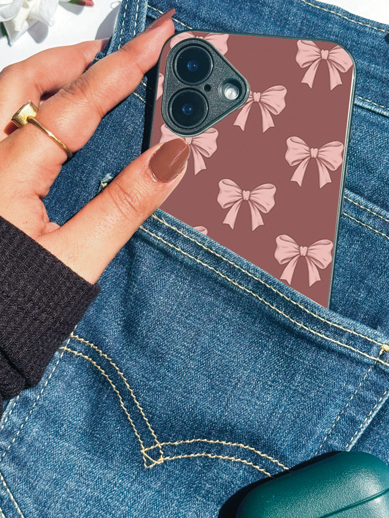 Brown Bows Sketch Premium Glass Back Cover For iPhone 11,12,13,14,15,16 Models