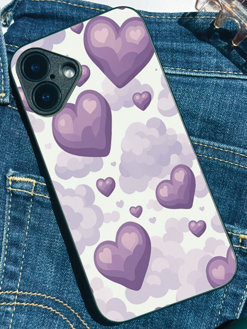 Purple Hearts Premium Glass Back Cover For iPhone 11,12,13,14,15,16 Models