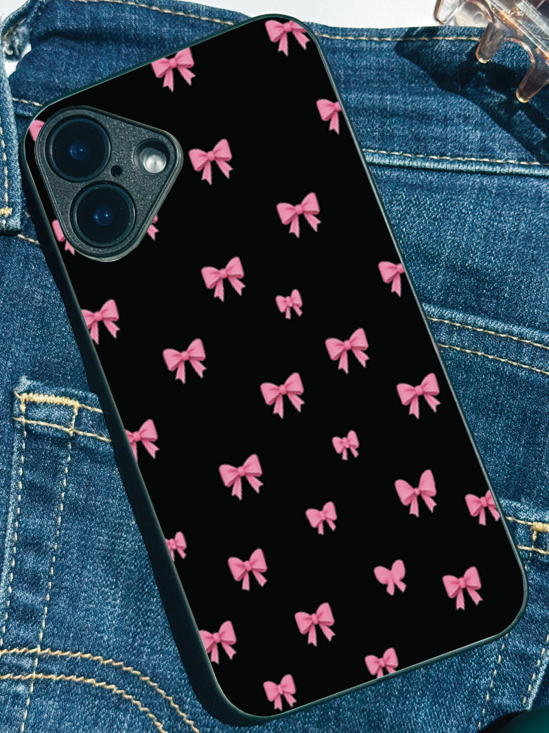 Dark Aesthetic Bows Bow Premium Glass Back Cover For iPhone 11,12,13,14,15,16 Models