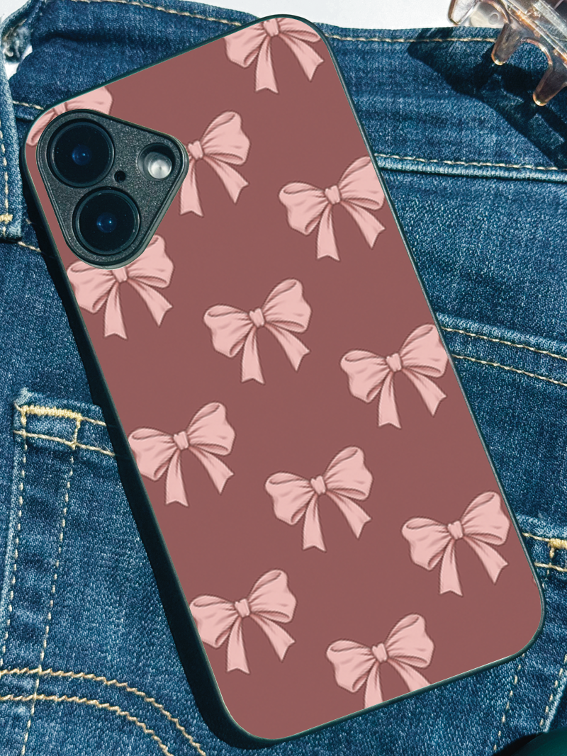 Brown Bows Sketch Premium Glass Back Cover For iPhone 11,12,13,14,15,16 Models