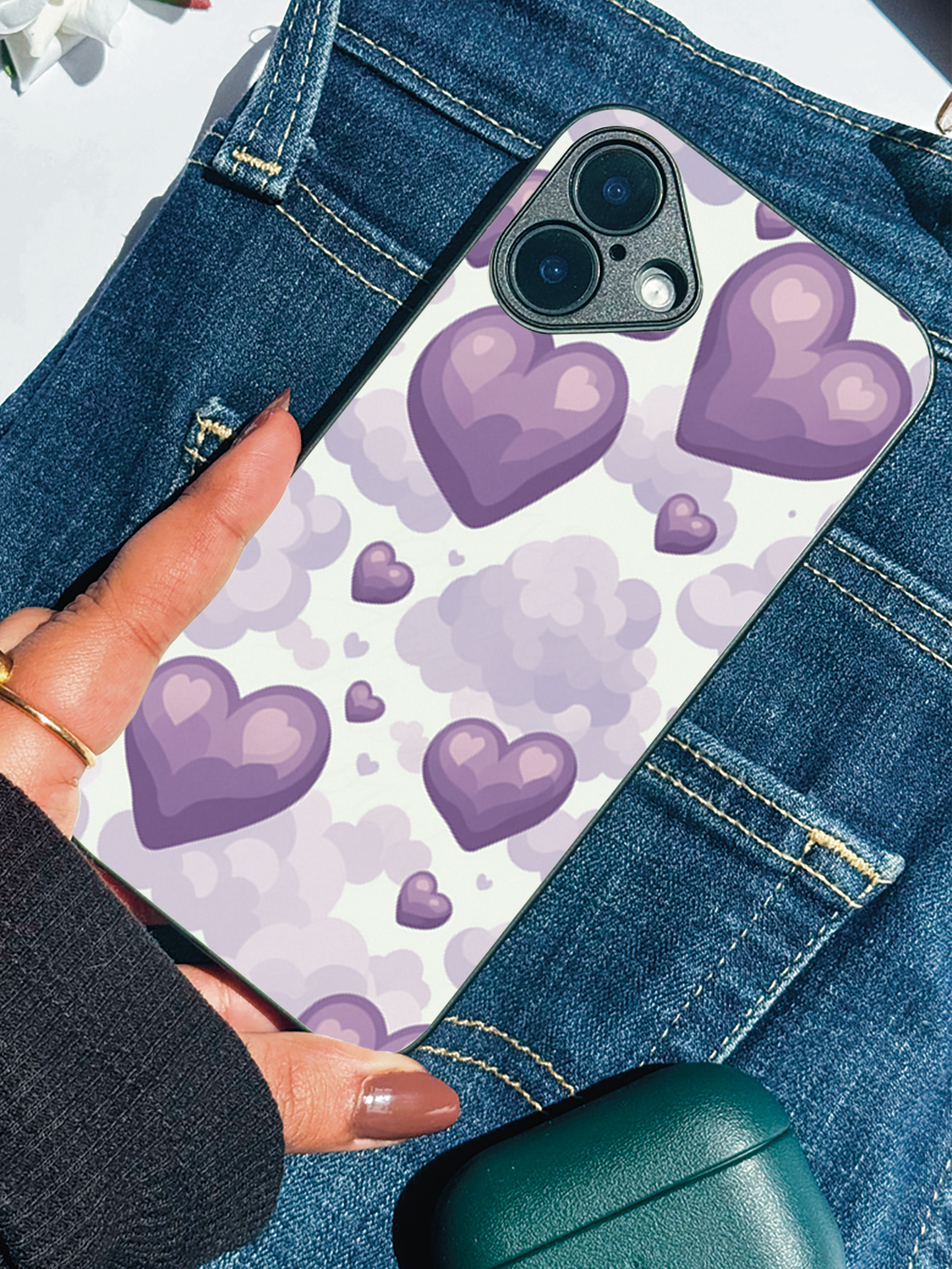 Purple Hearts Premium Glass Back Cover For iPhone 11,12,13,14,15,16 Models