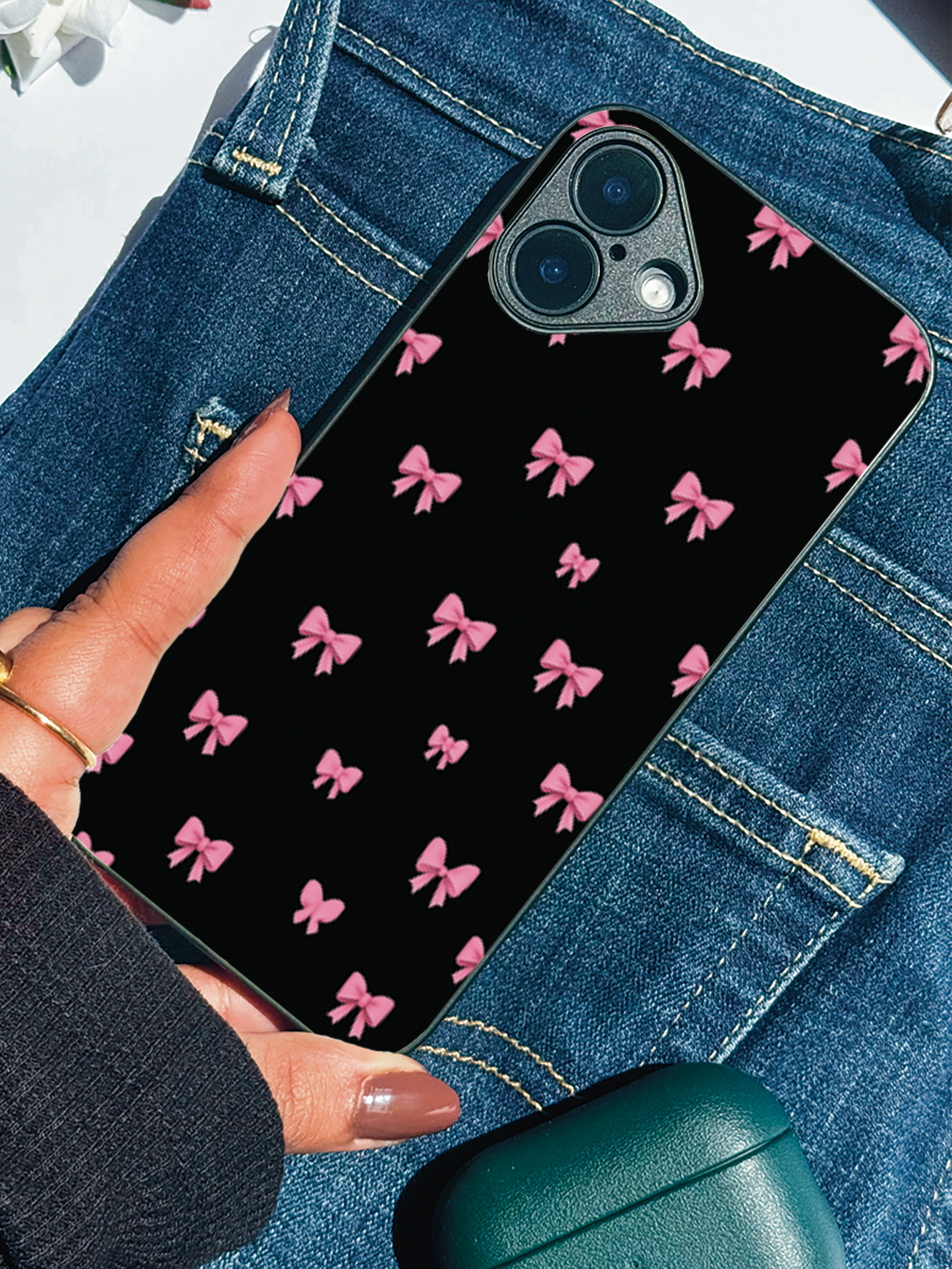 Dark Aesthetic Bows Bow Premium Glass Back Cover For iPhone 11,12,13,14,15,16 Models