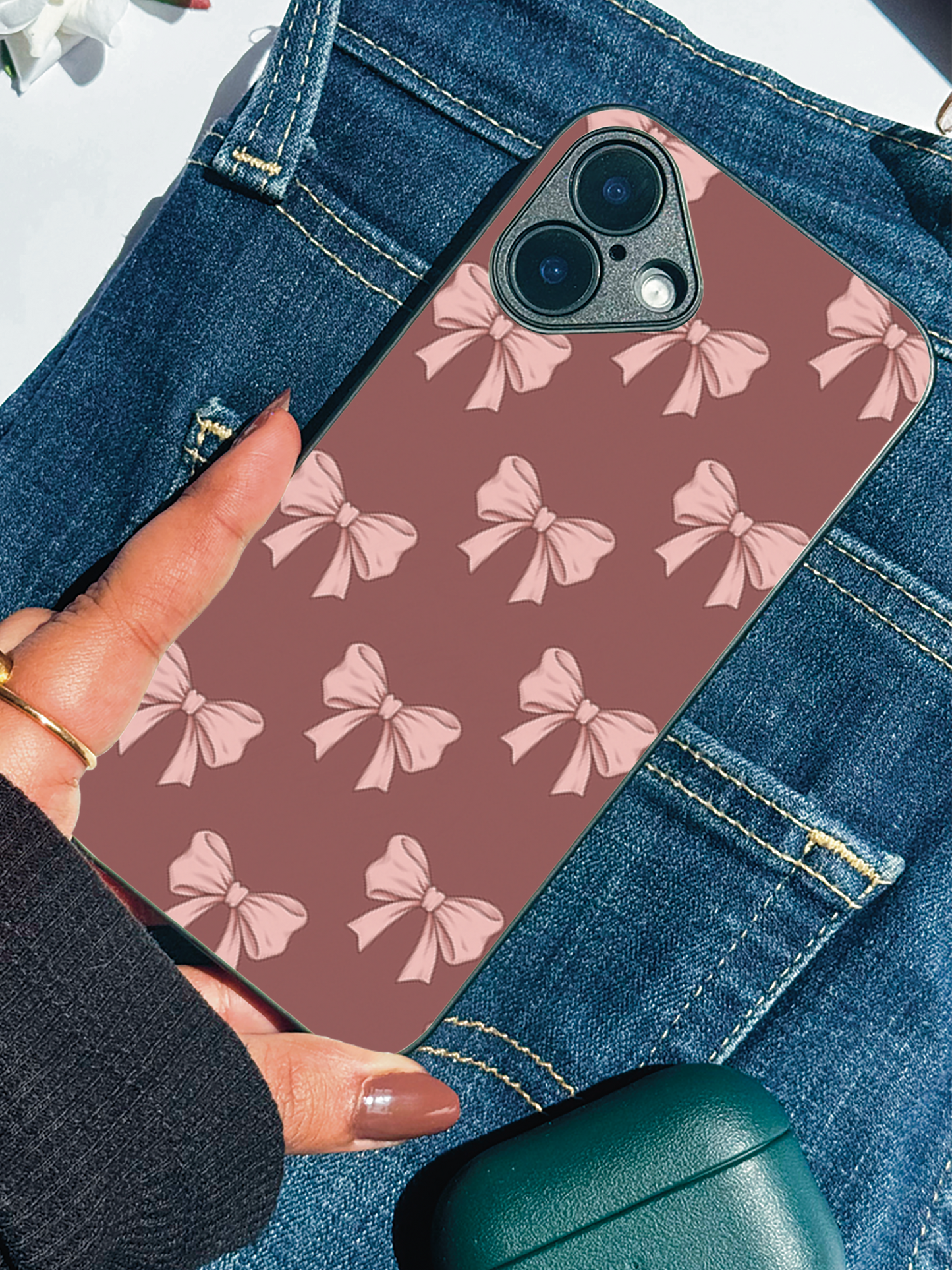 Brown Bows Sketch Premium Glass Back Cover For iPhone 11,12,13,14,15,16 Models