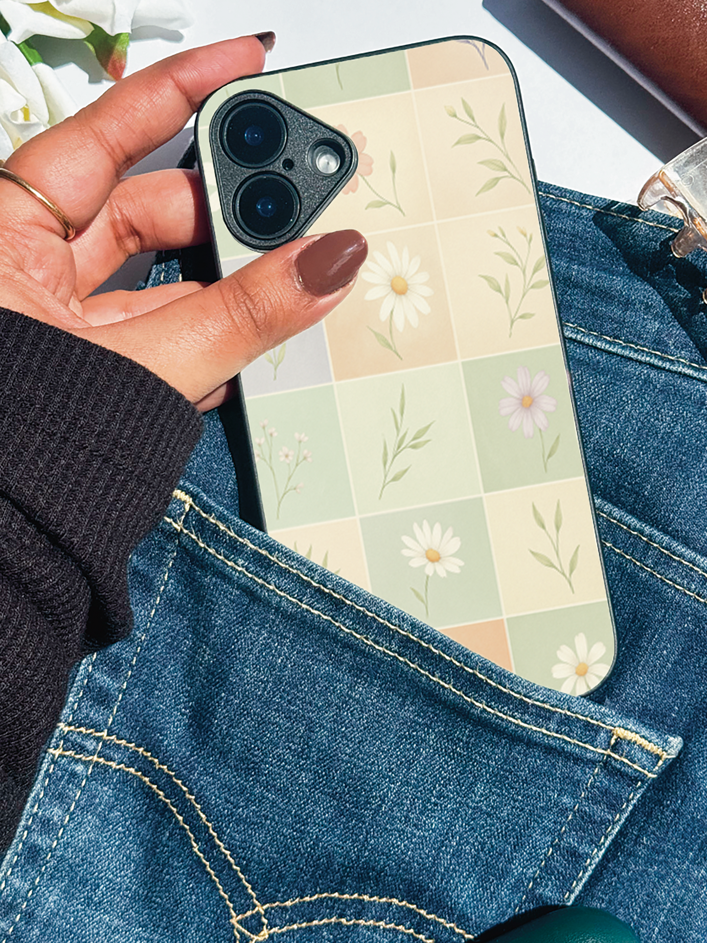 Sage Check Premium Glass Back Cover For iPhone 11,12,13,14,15,16 Models