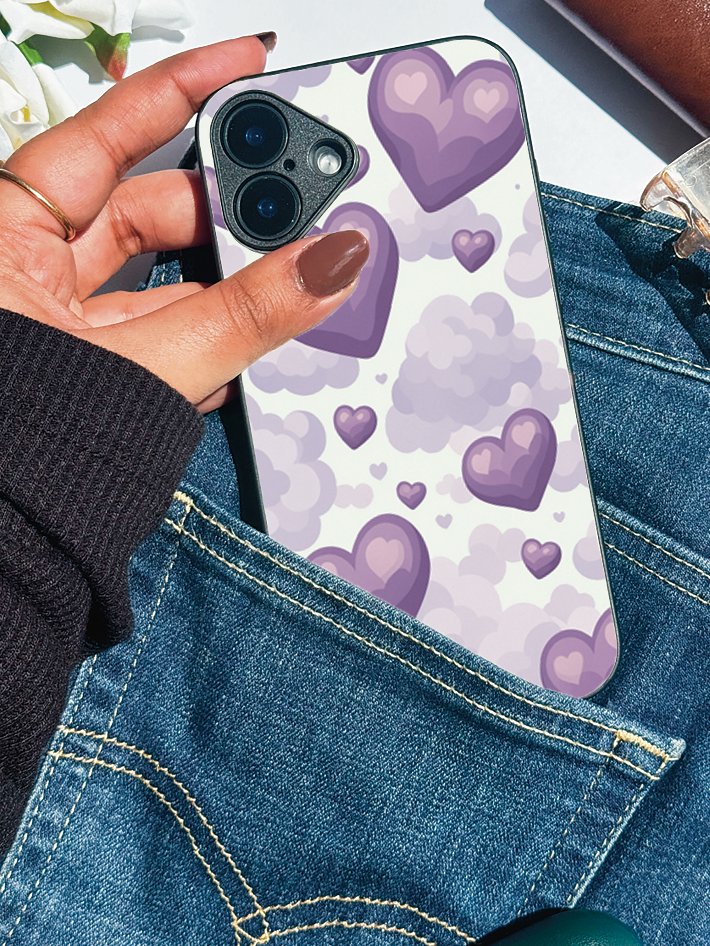Purple Hearts Premium Glass Back Cover For iPhone 11,12,13,14,15,16 Models