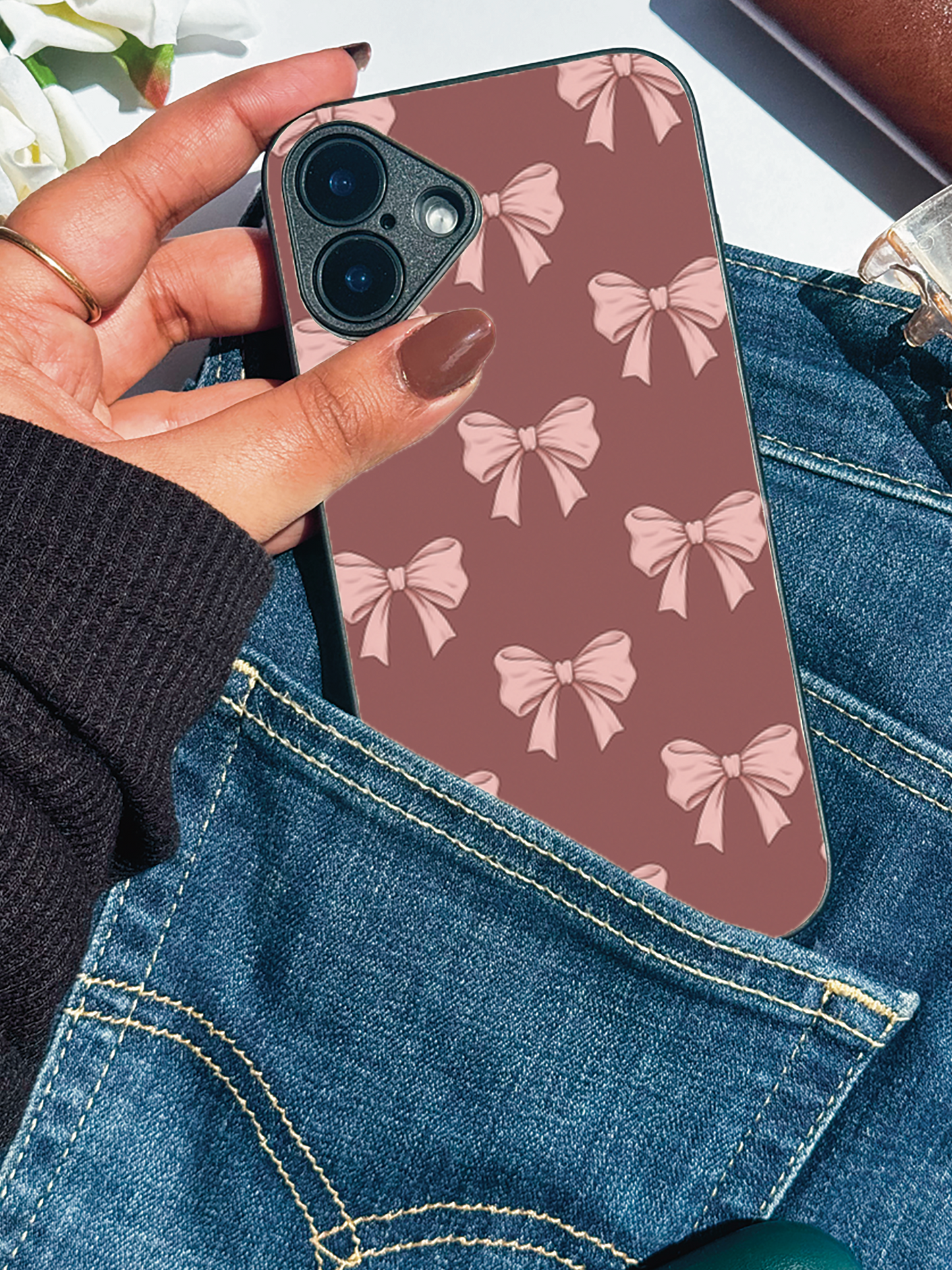Brown Bows Sketch Premium Glass Back Cover For iPhone 11,12,13,14,15,16 Models