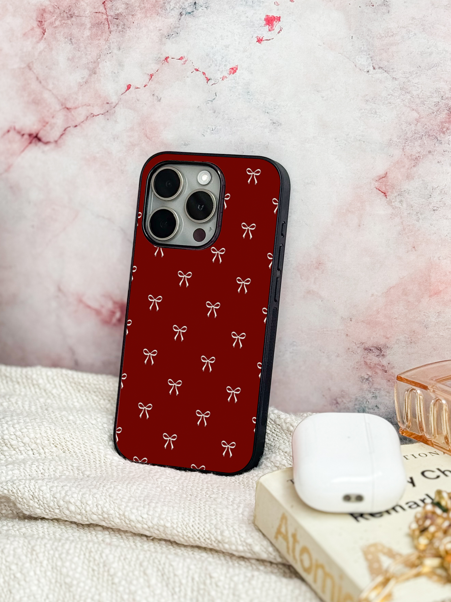 Red Bow Beaut Premium Glass Back Cover For iPhone 11,12,13,14,15,16 Models
