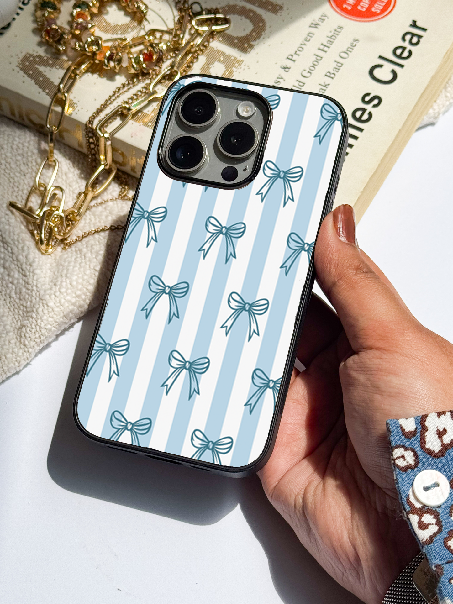 Blue Bows Stripes Sketch Premium Glass Back Cover For iPhone 11,12,13,14,15,16 Models
