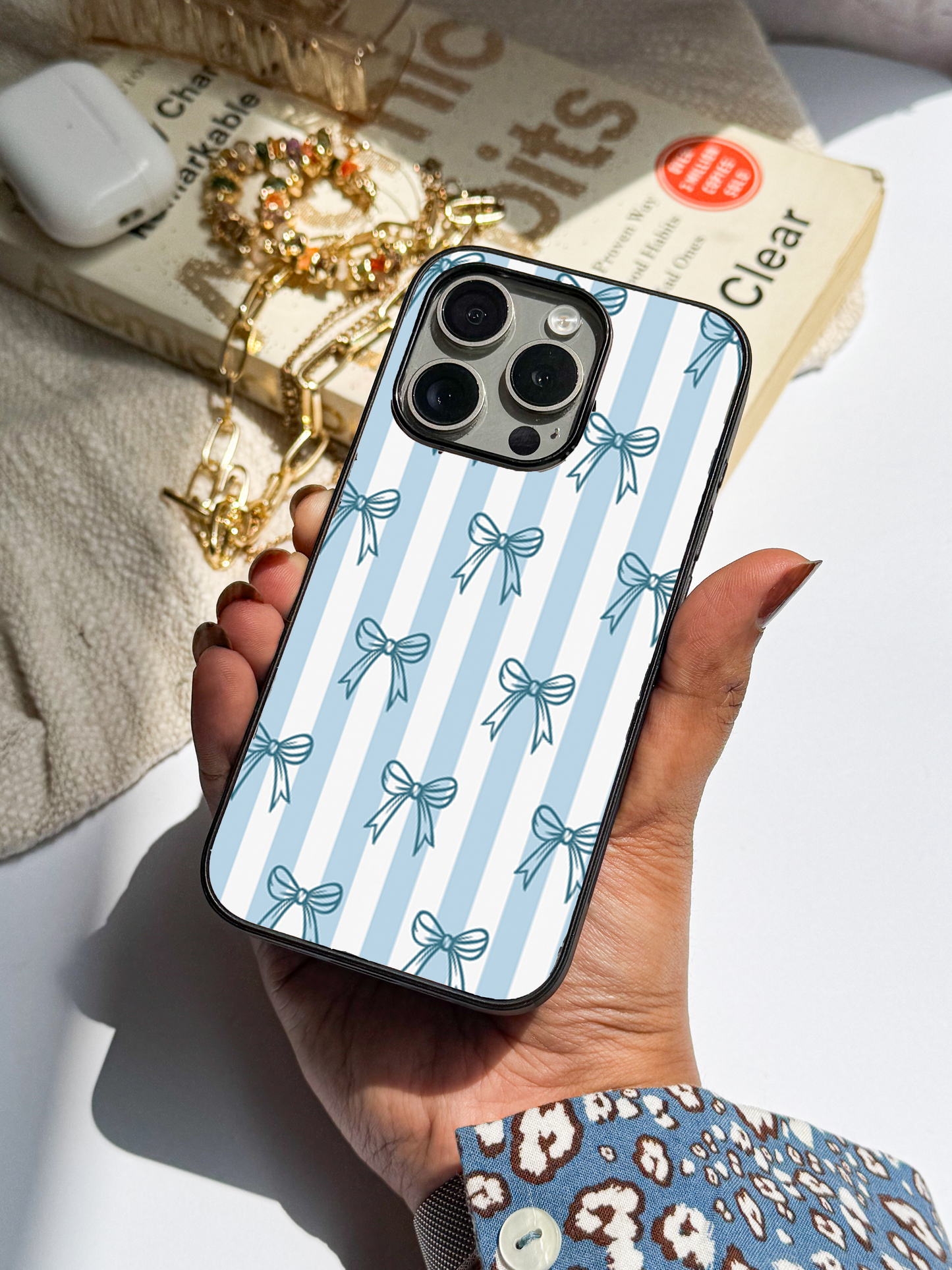 Blue Bows Stripes Sketch Premium Glass Back Cover For iPhone 11,12,13,14,15,16 Models