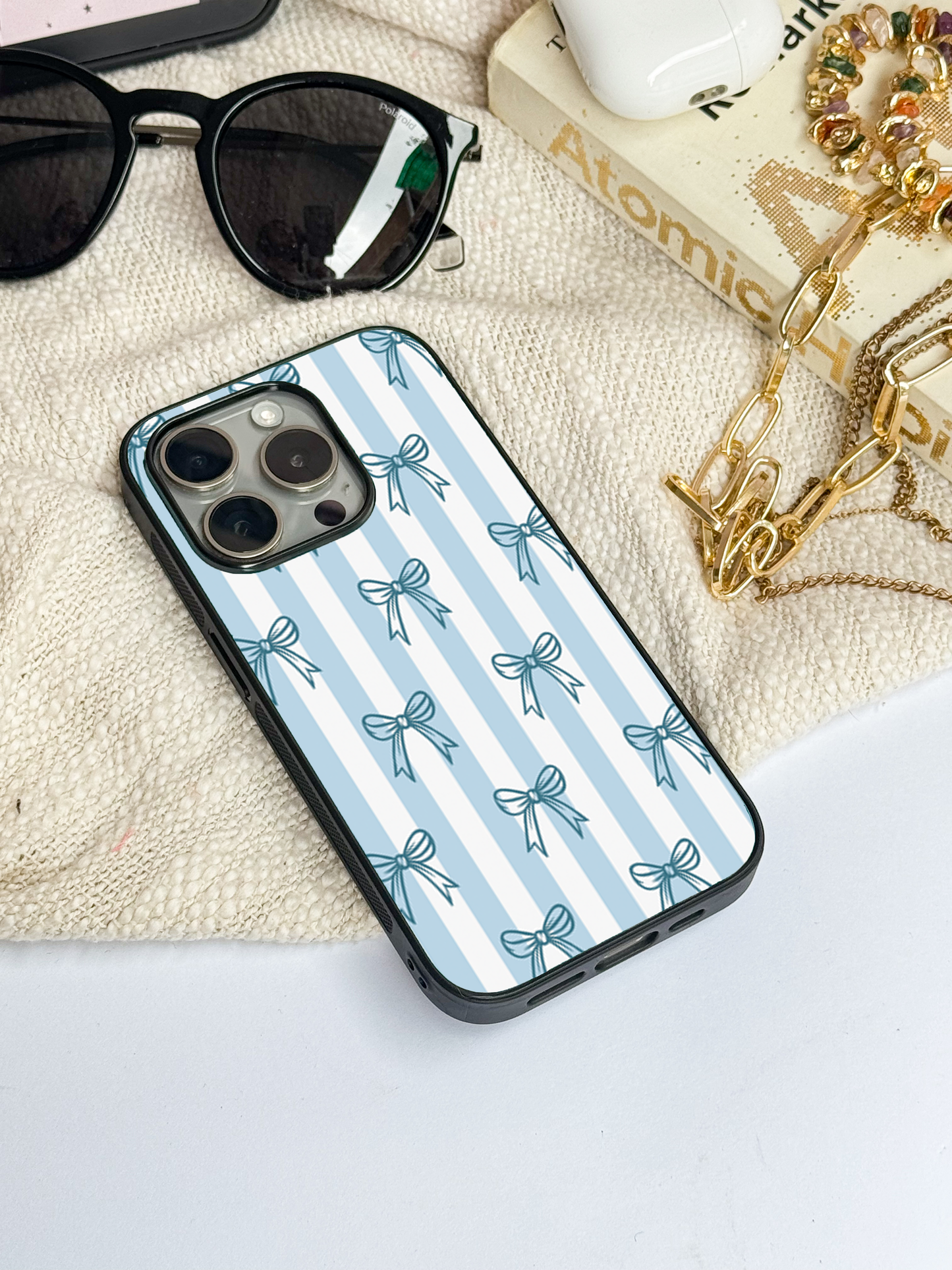 Blue Bows Stripes Sketch Premium Glass Back Cover For iPhone 11,12,13,14,15,16 Models