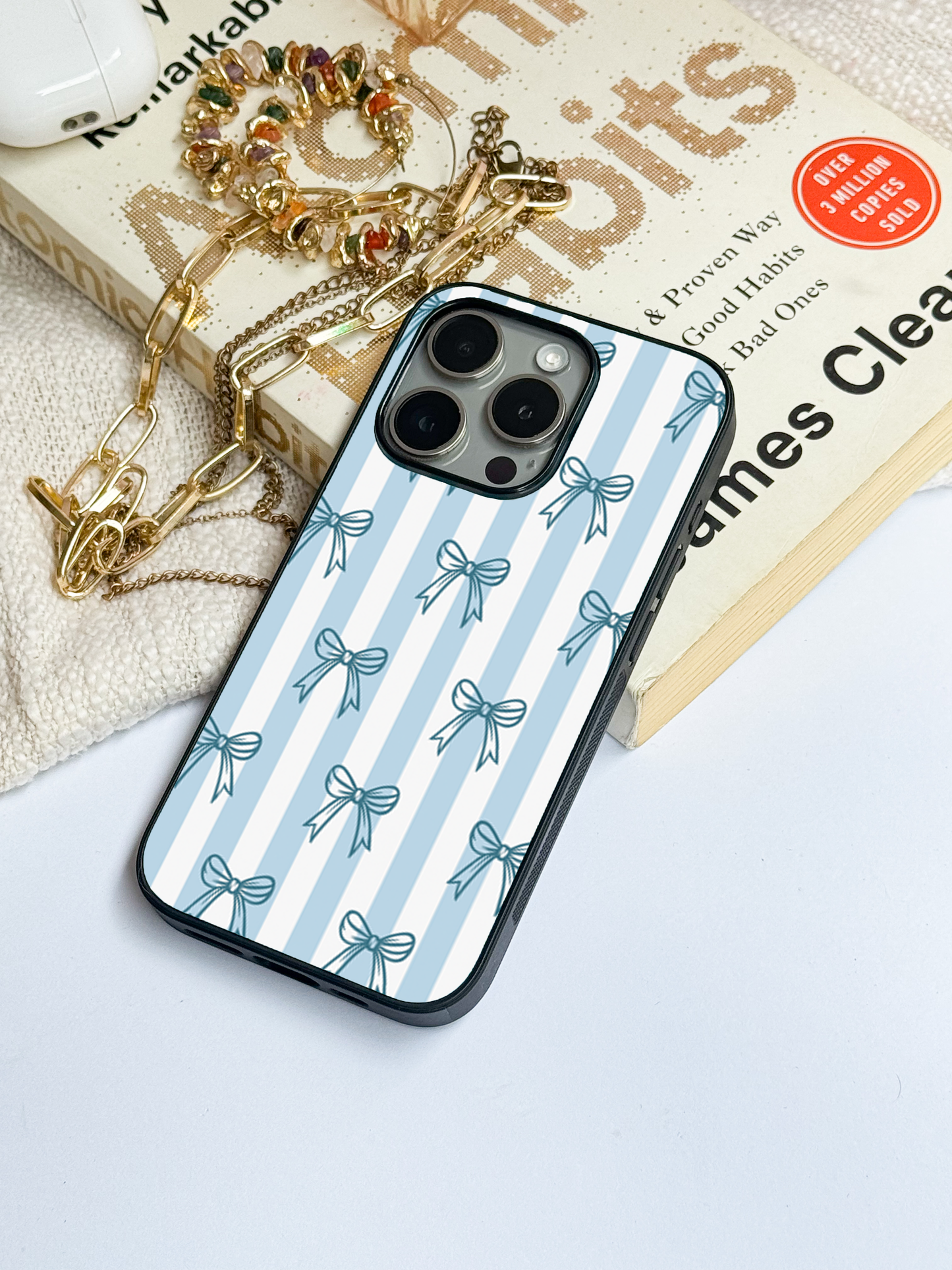 Blue Bows Stripes Sketch Premium Glass Back Cover For iPhone 11,12,13,14,15,16 Models