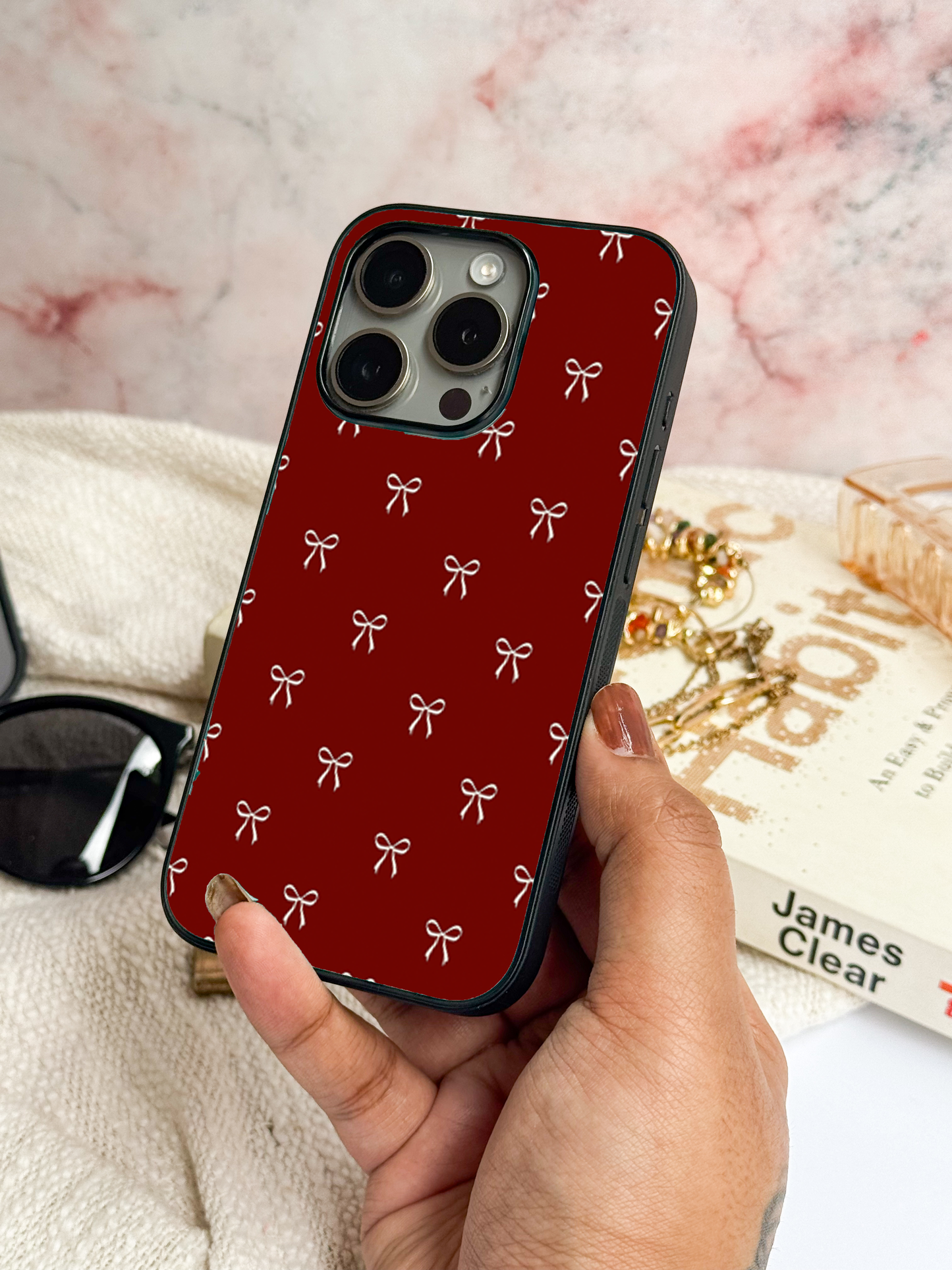Red Bow Beaut Premium Glass Back Cover For iPhone 11,12,13,14,15,16 Models