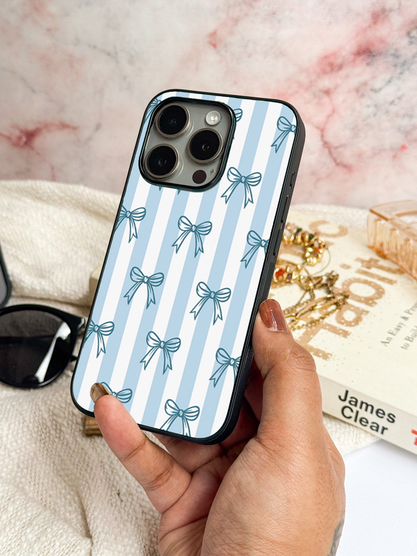 Blue Bows Stripes Sketch Premium Glass Back Cover For iPhone 11,12,13,14,15,16 Models