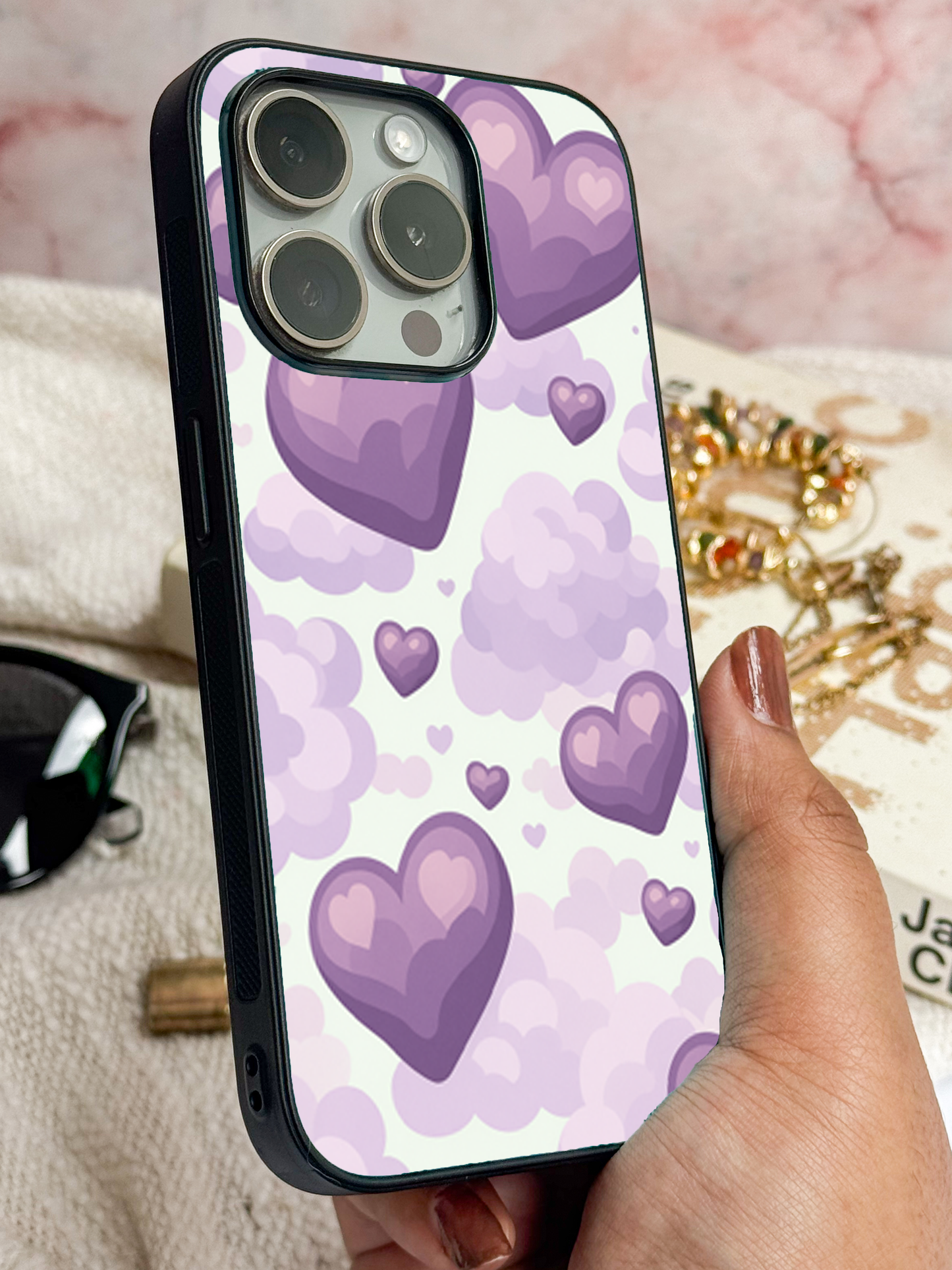 Purple Hearts Premium Glass Back Cover For iPhone 11,12,13,14,15,16 Models