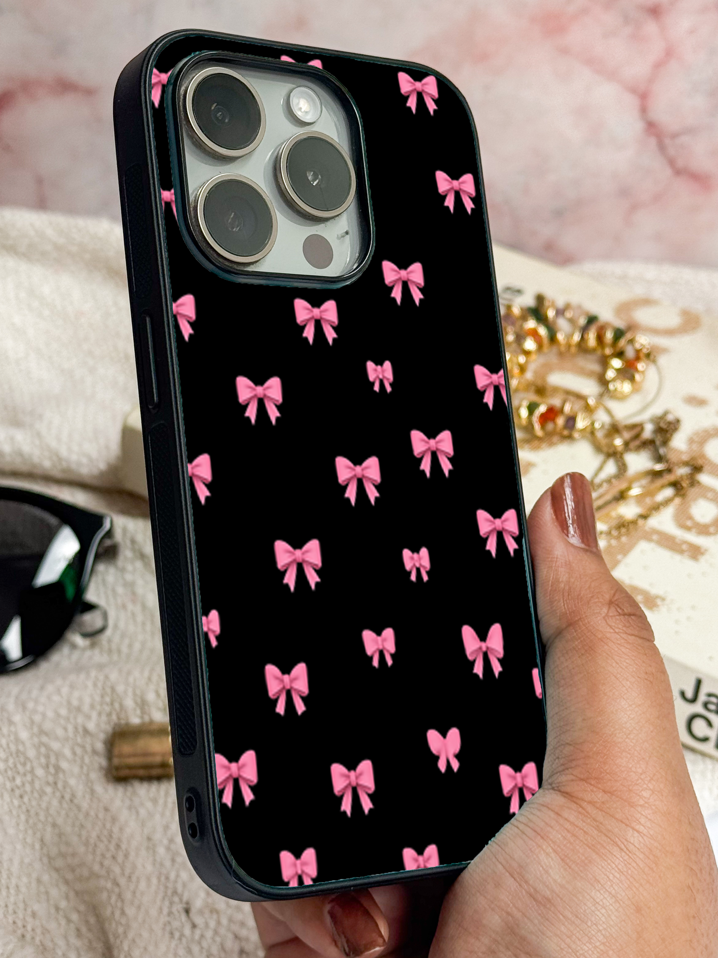Dark Aesthetic Bows Bow Premium Glass Back Cover For iPhone 11,12,13,14,15,16 Models