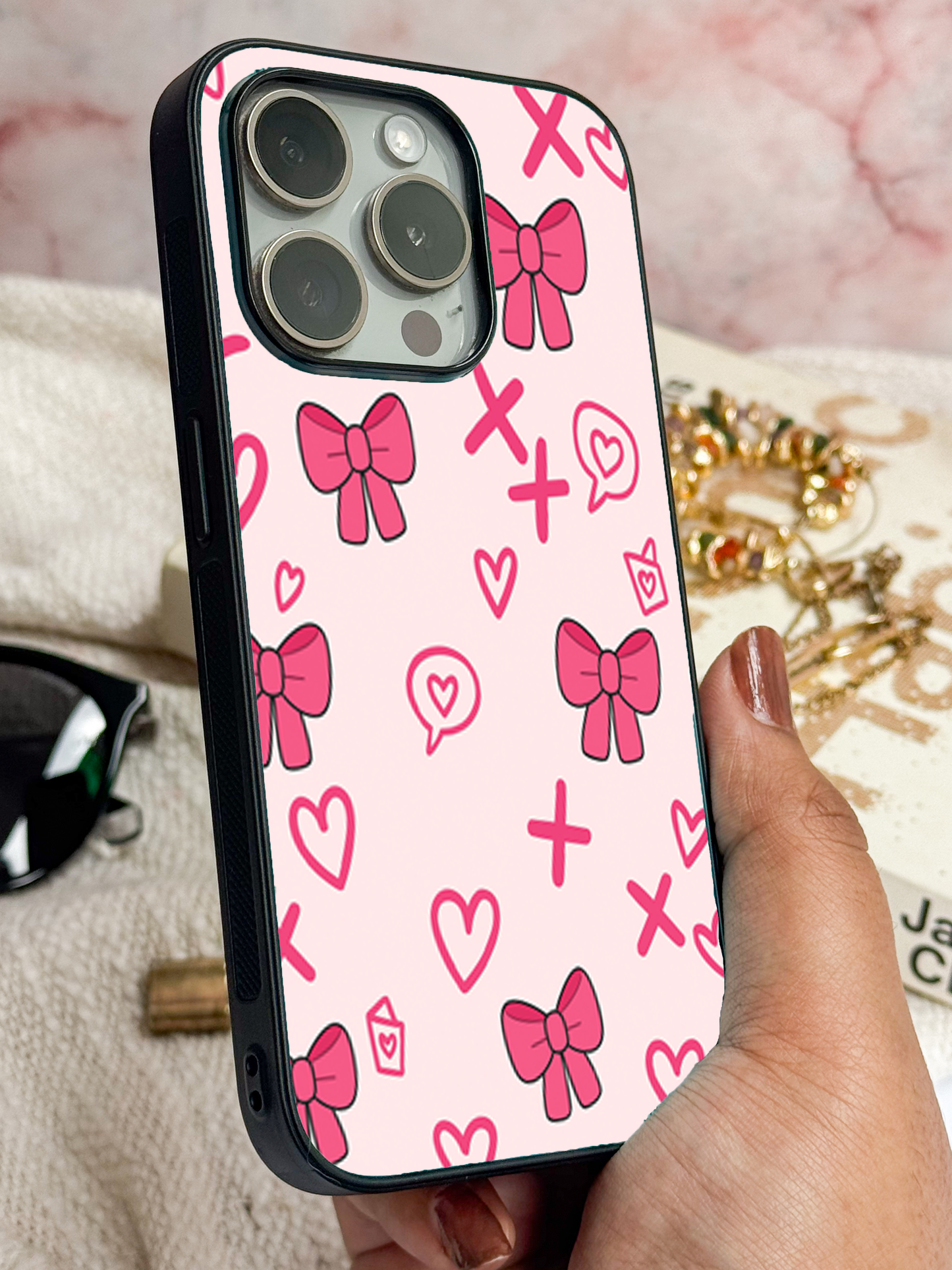 XOXO Bows Premium Glass Back Cover For iPhone 11,12,13,14,15,16 Models