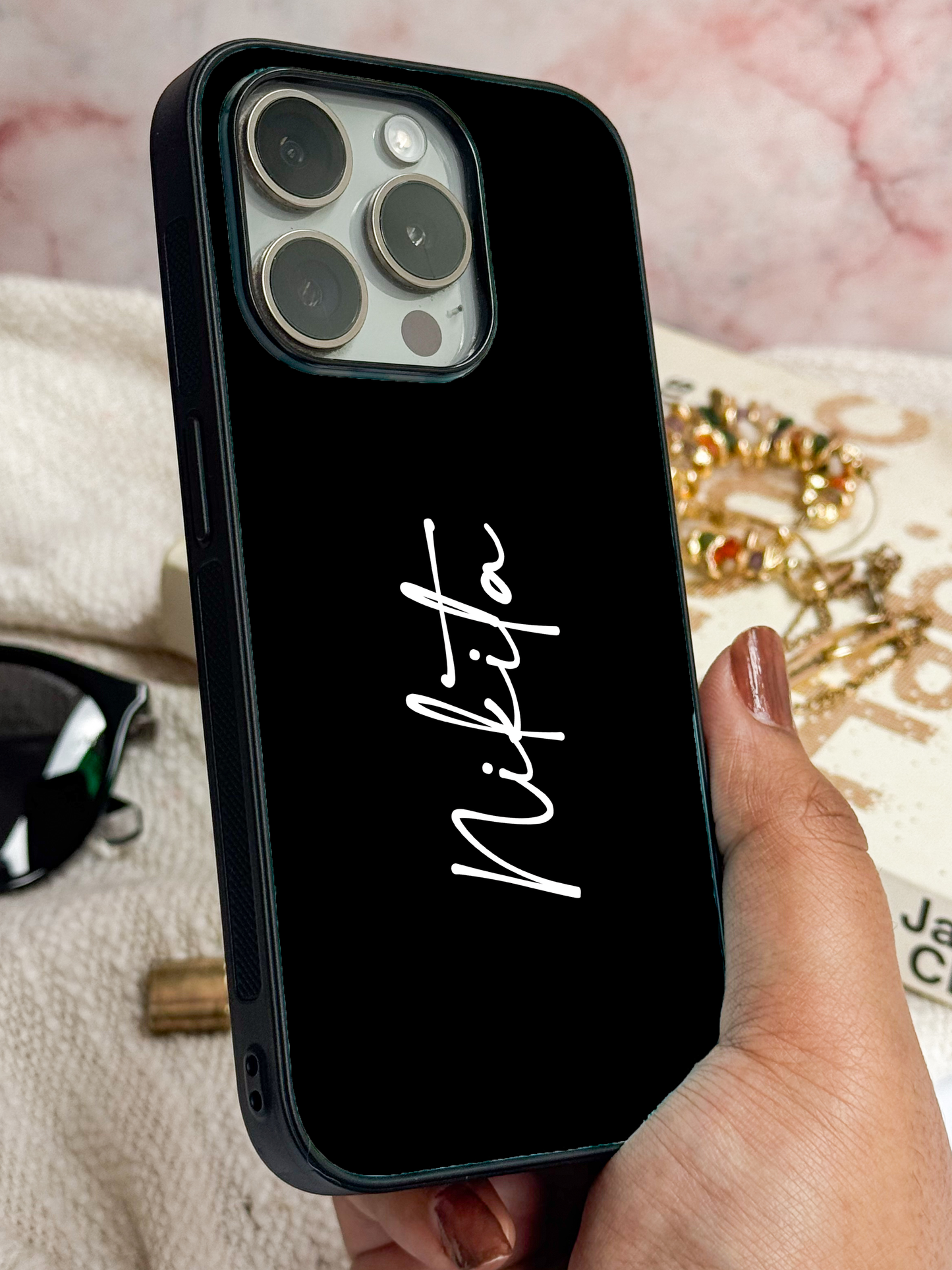 Noir Signature Personalised Name Premium Glass Back Cover For iPhone 11,12,13,14,15,16 Models