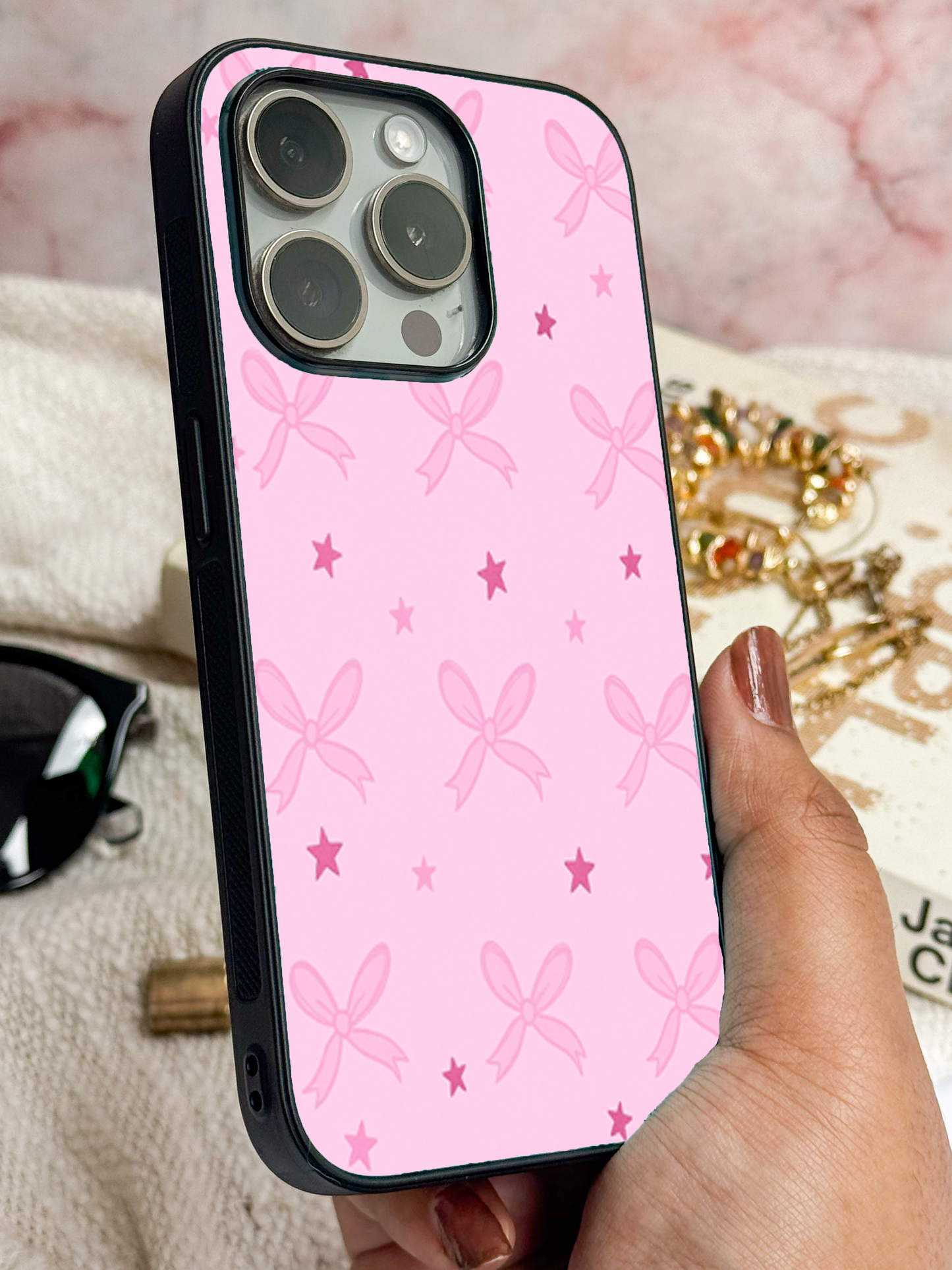 Sparkling Bows Premium Glass Back Cover For iPhone 11,12,13,14,15,16 Models