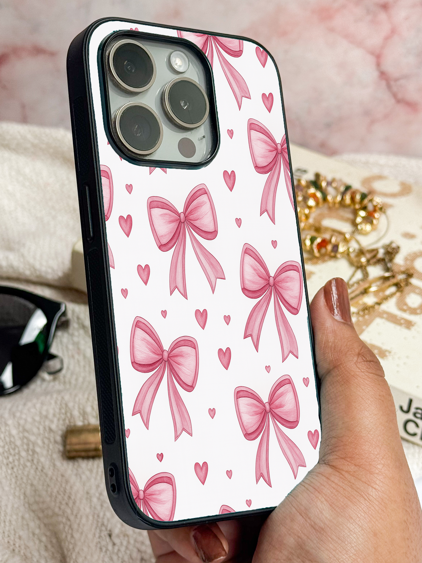 Bow Bliss Premium Glass Back Cover For iPhone 11,12,13,14,15,16 Models