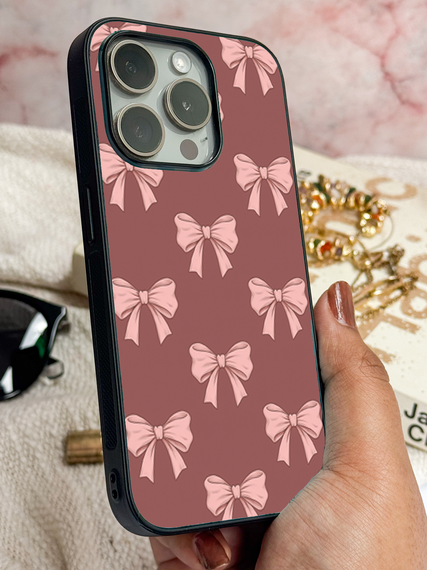 Brown Bows Sketch Premium Glass Back Cover For iPhone 11,12,13,14,15,16 Models
