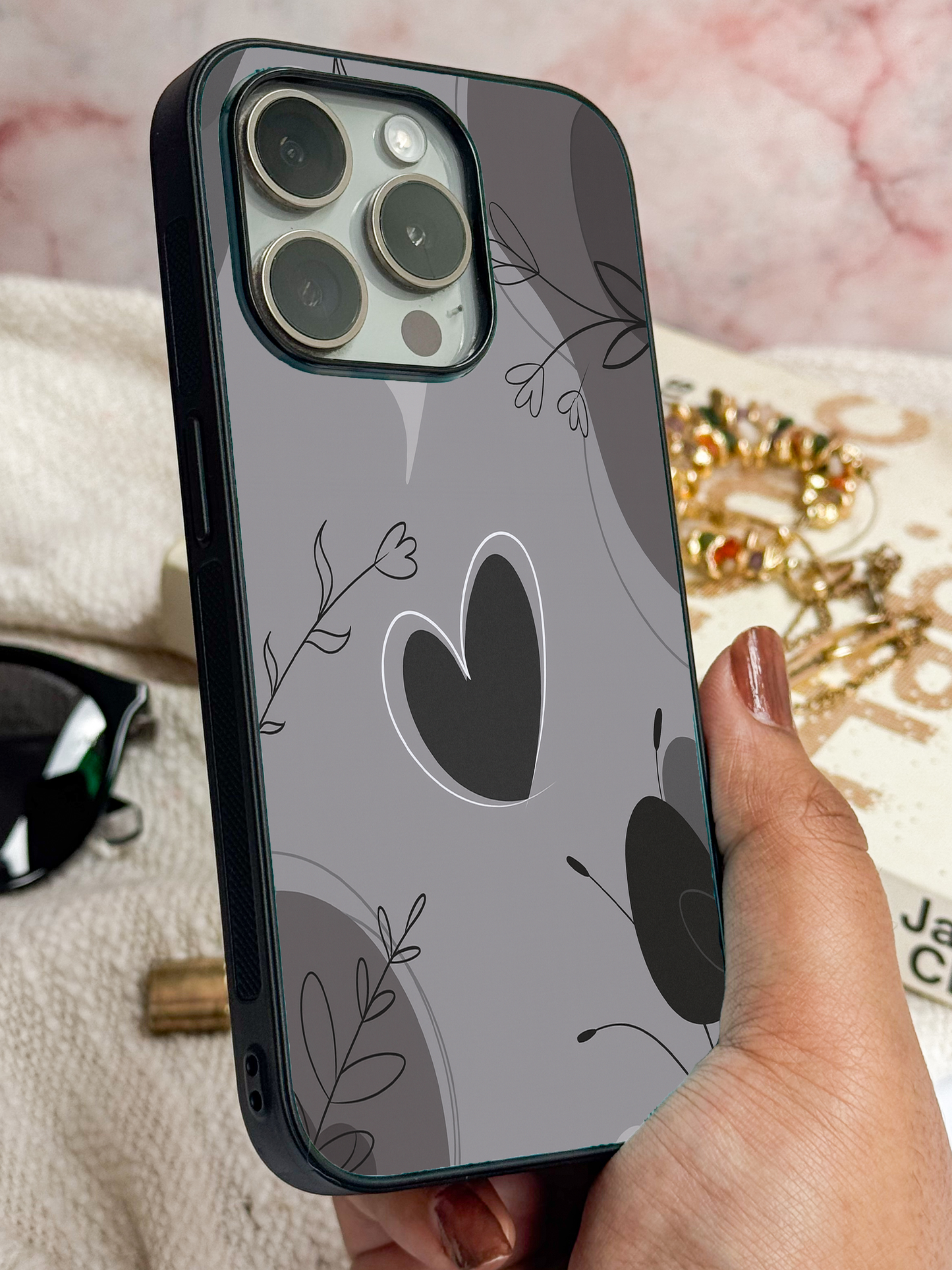 Muted Hearts Premium Glass Back Cover For iPhone 11,12,13,14,15,16 Models