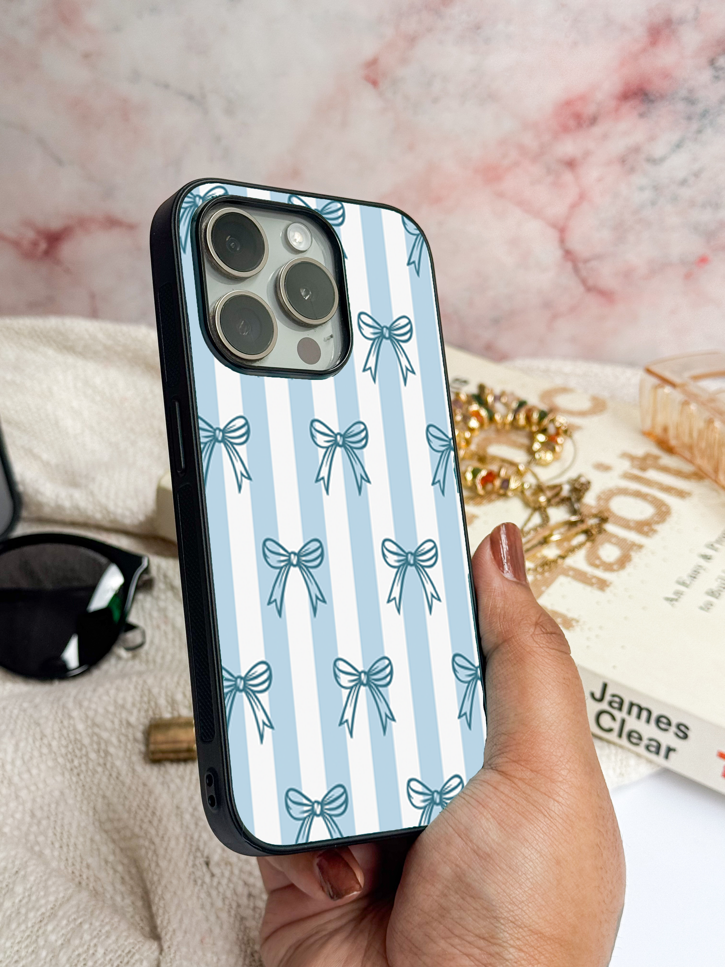 Blue Bows Stripes Sketch Premium Glass Back Cover For iPhone 11,12,13,14,15,16 Models