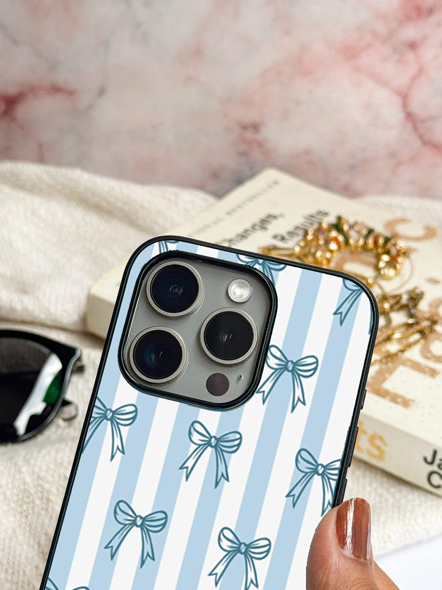 Blue Bows Stripes Sketch Premium Glass Back Cover For iPhone 11,12,13,14,15,16 Models